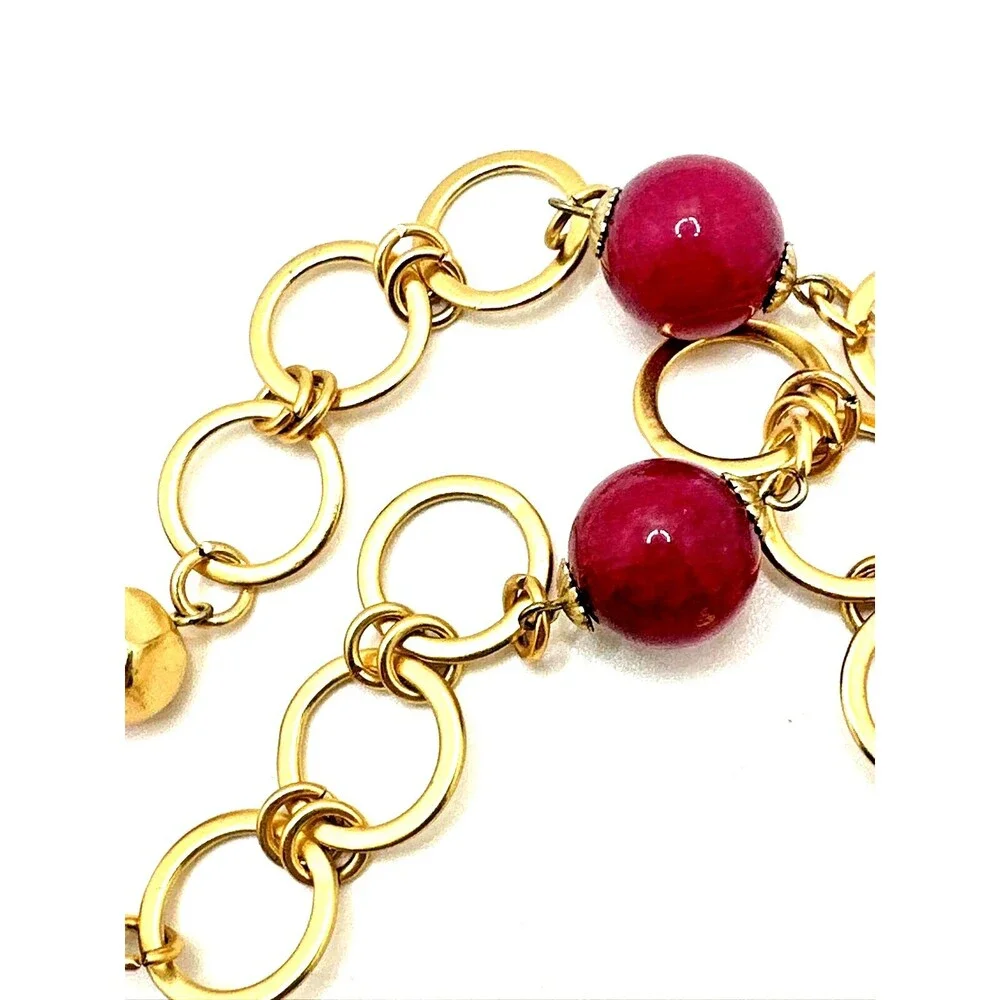 Vintage TALBOTS Station Necklace Pink Stone Glass Bead Gold Tone Link 25